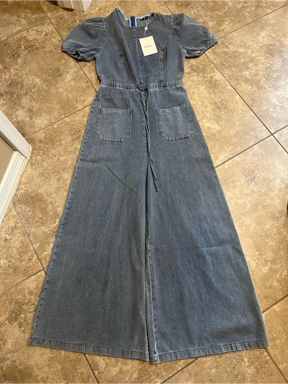 Chambray Puff-Sleeve Maxi Dress - Blue